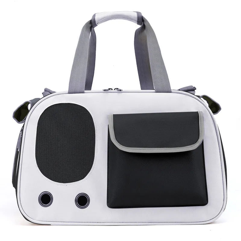 Foldable single shoulder pet carrier bag in canvas material, shown in black colour