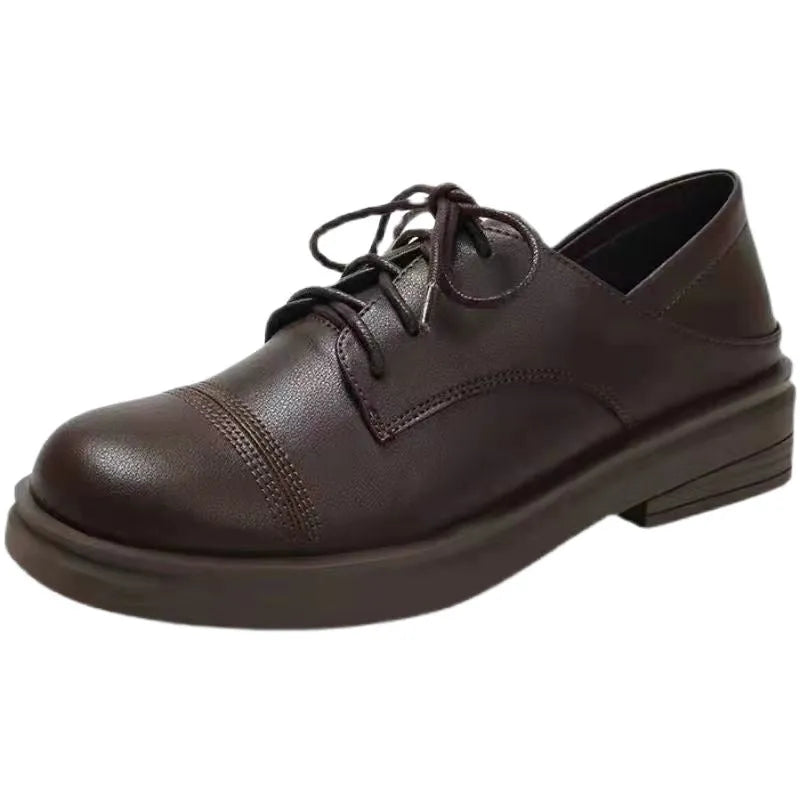Slimming low heel British leather shoes women platform cross strap round toe professional shoes black
