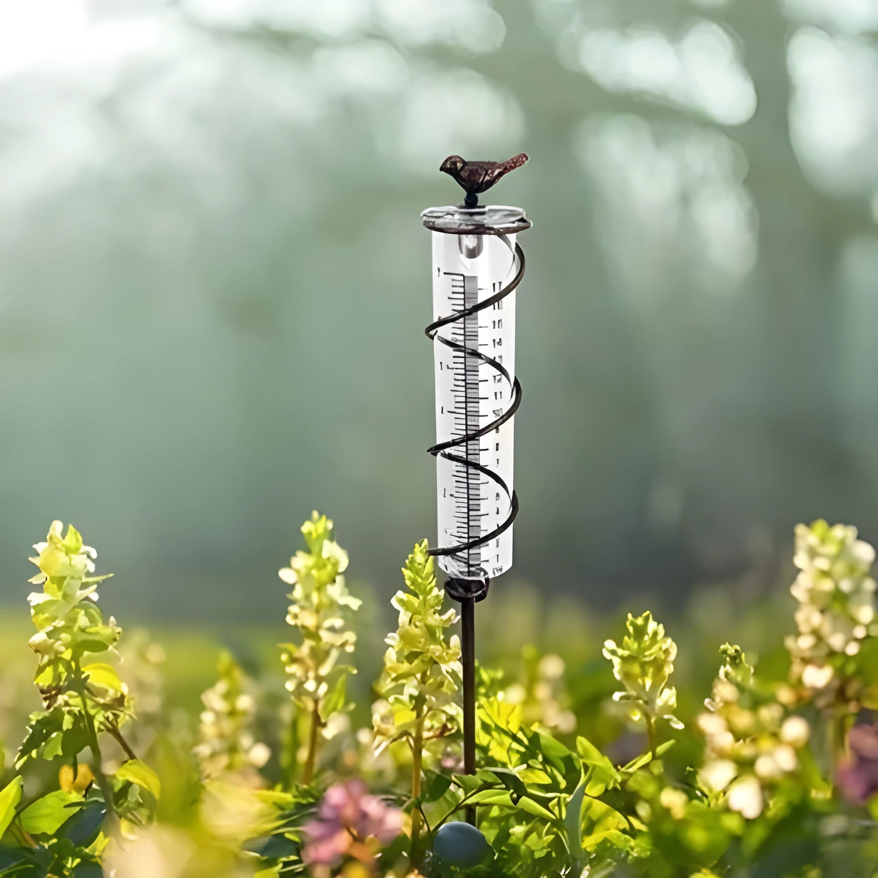Cast iron bird rain gauge with glass measurement tube showing 1-20 scale for garden rainfall monitoring