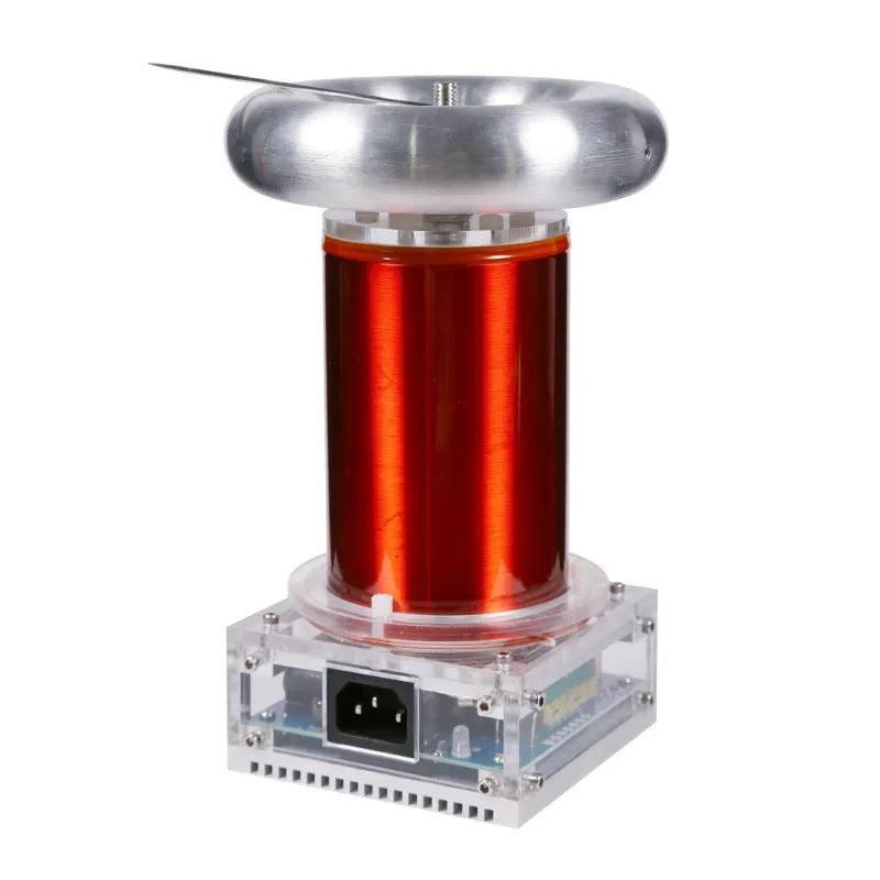 Arc extinguishing SSTC Tesla coil driver board with controller and connection cables on a dark surface.