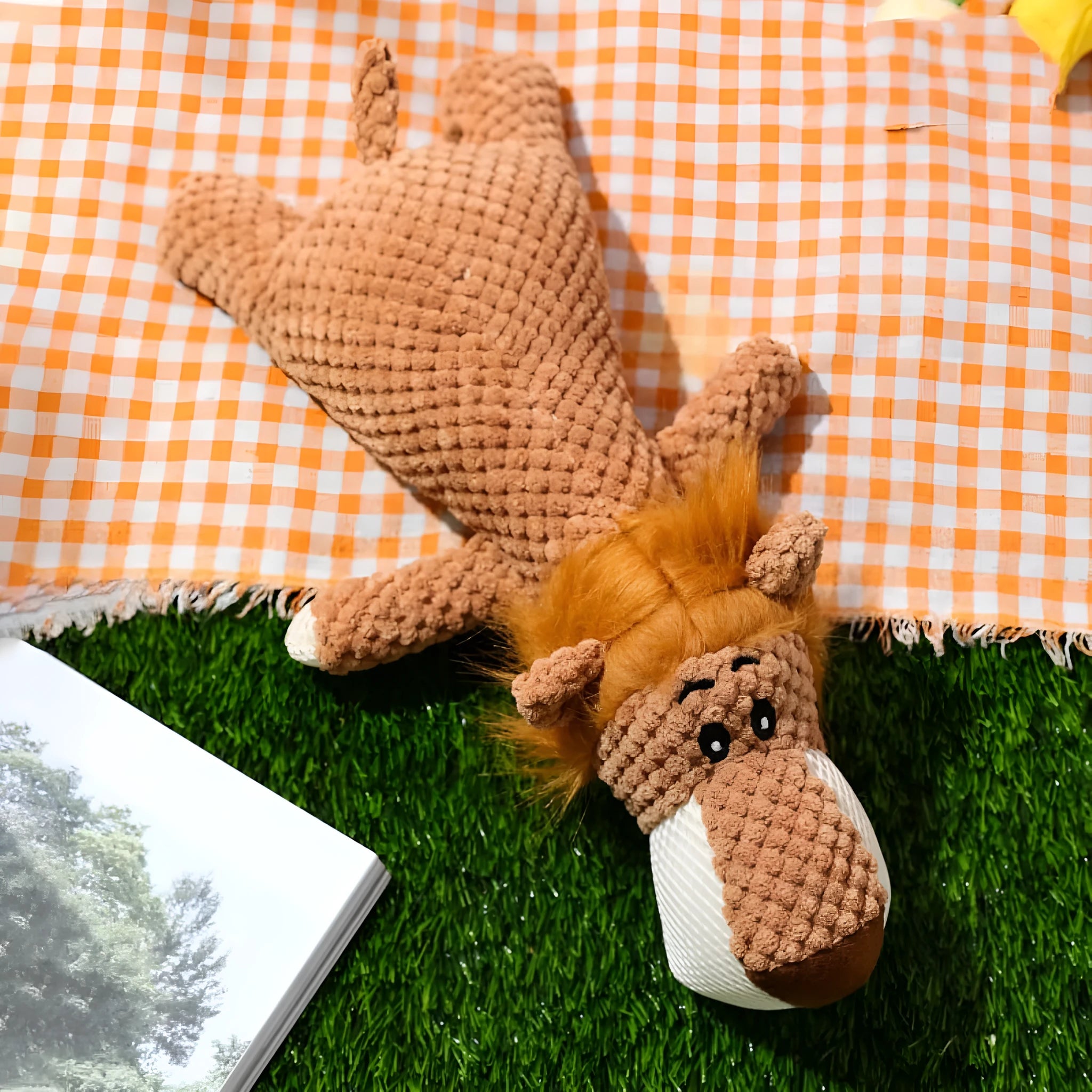 Four plush dog chew toys in green, grey and yellow with corn kernel texture design