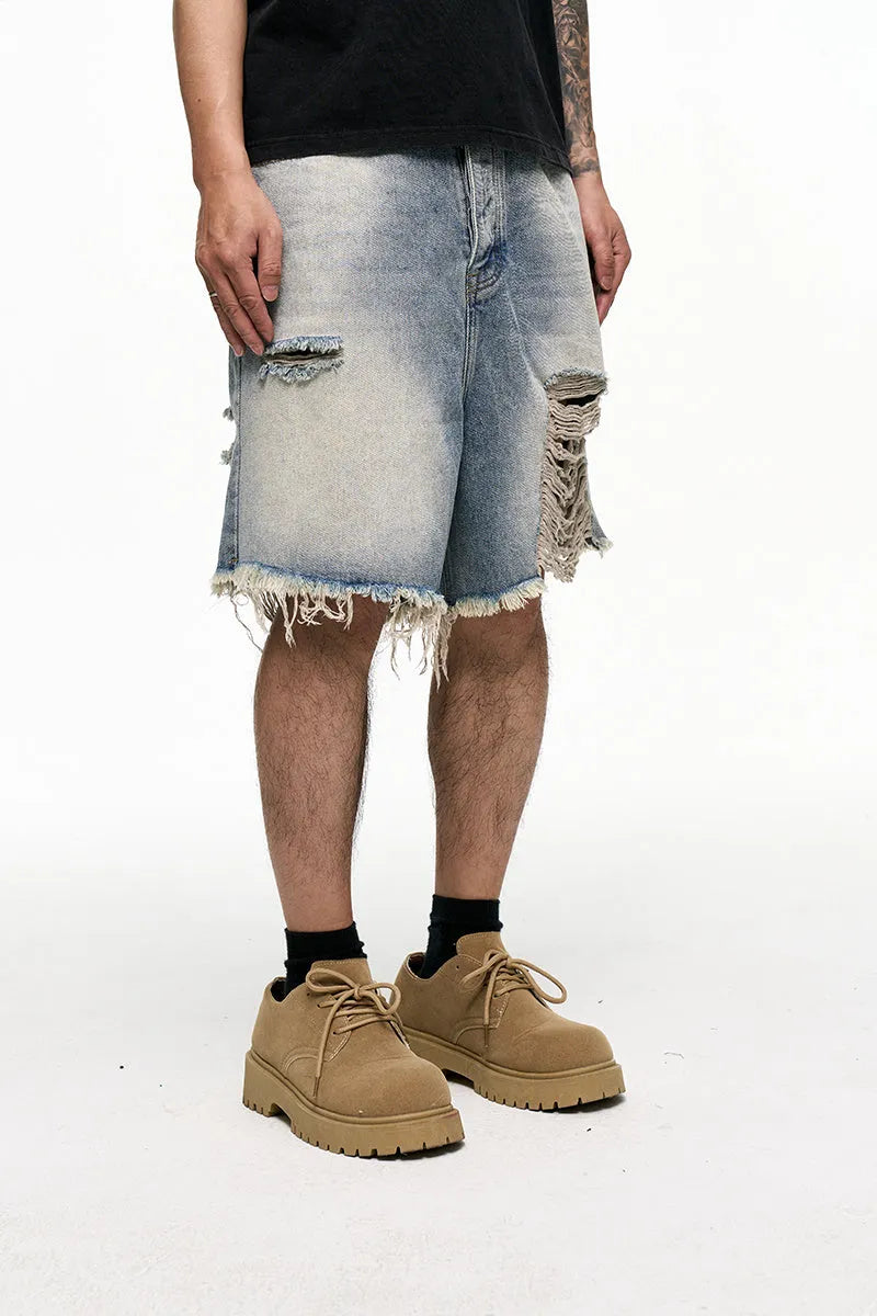 Light blue retro washed men's baggy denim shorts with a wide-leg cut and mid-waist.