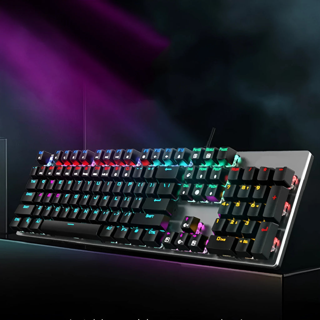 GK410 mechanical keyboard with metal construction and green axis switches on desktop