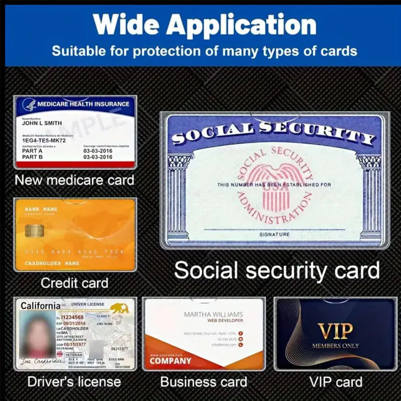 Transparent PVC social security card holder showing card inside, dimensions 9.7 by 5.9 centimetres