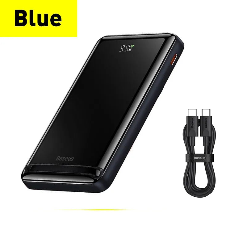 Slim blue magnetic wireless power bank showing compact dimensions and charging cable