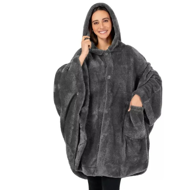 Thickened hooded cloak bathrobe in polyester fabric shown in three colour options: black, dark grey and pink
