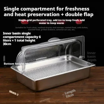 Stainless steel commercial dining plate display box with a removable lid and multiple inner compartments.