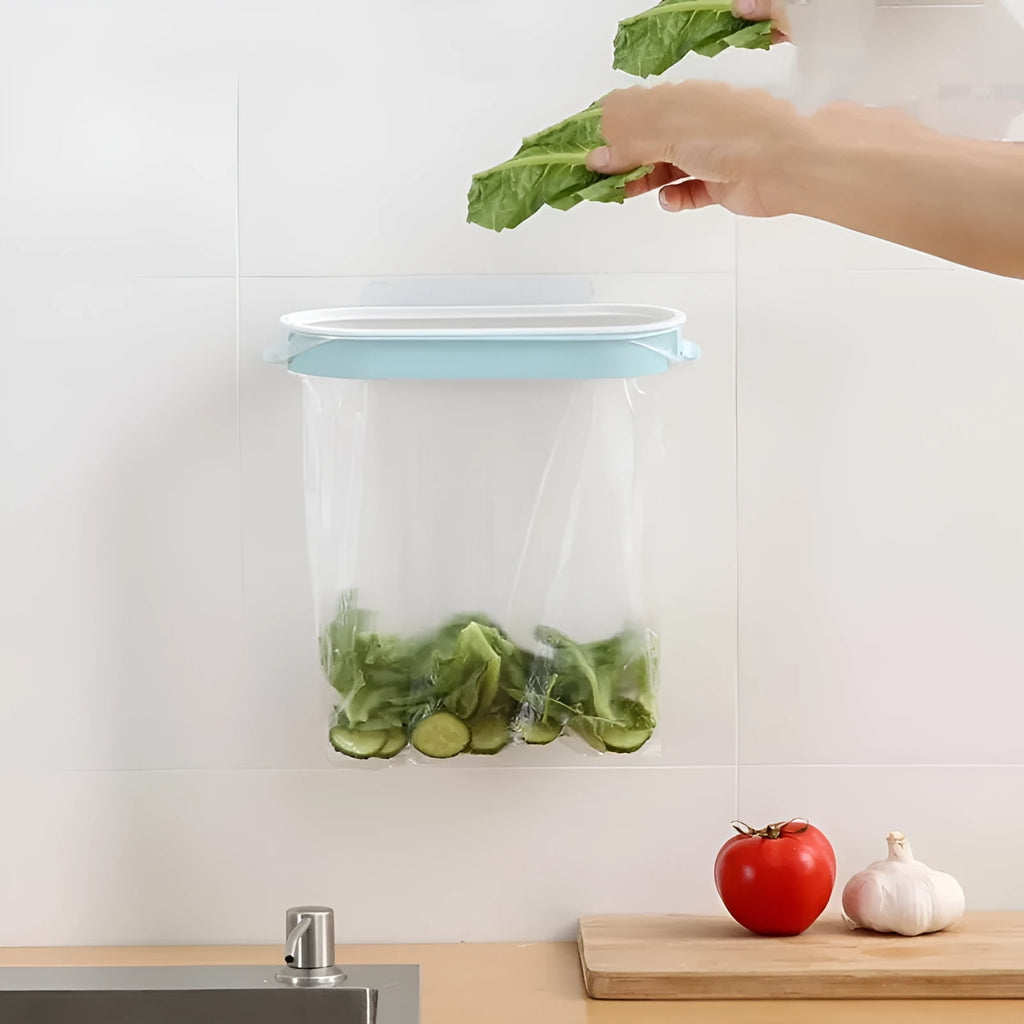 Blue plastic garbage bag storage rack mounted under a kitchen cabinet.