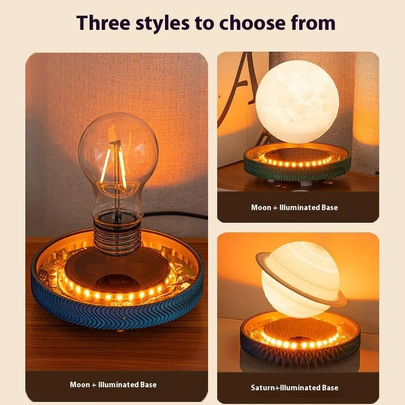 Small magnetic suspension night lamp with a levitating Moon ornament in modern 3D printed design.