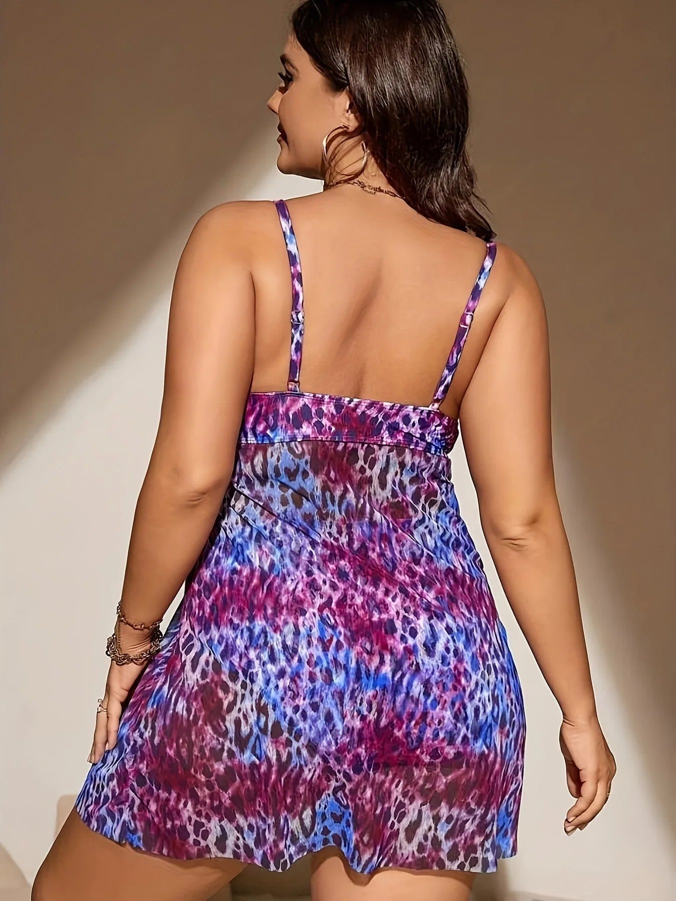 Plus size women's bikini swimsuit with split skirt design in blue, purple, red or rose red colours