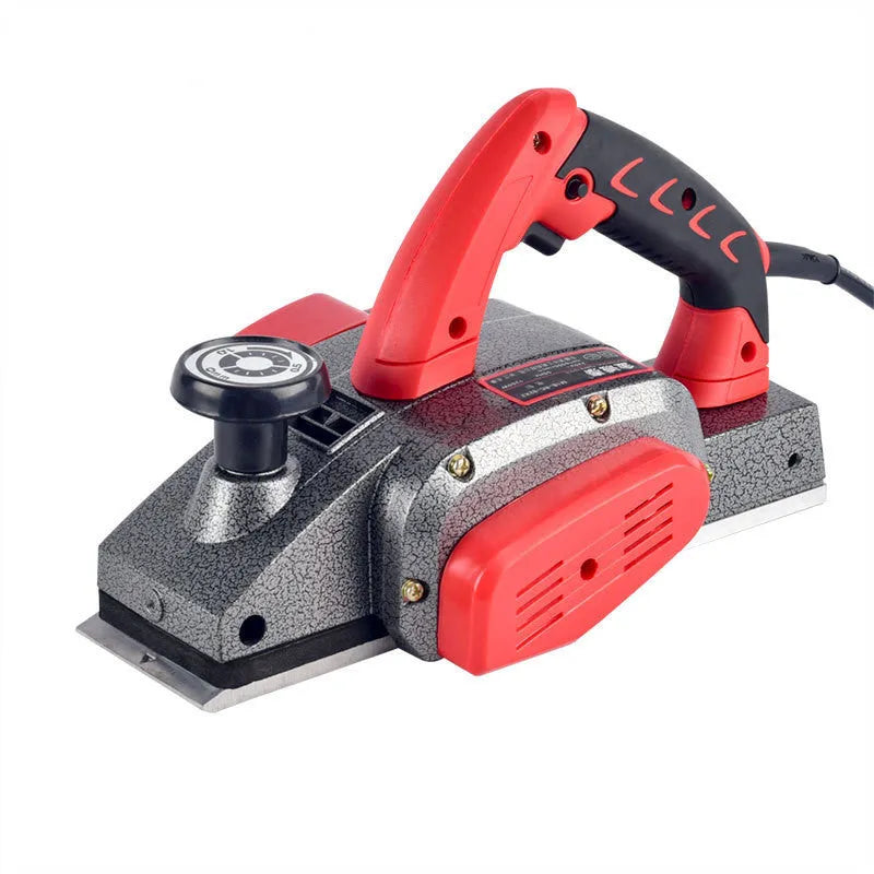 Red aluminium shell electric wood planer tool showing 82mm planing width