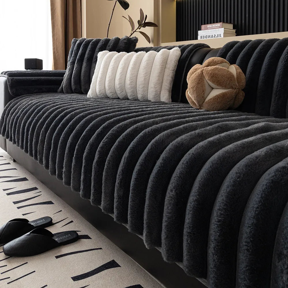 Striped Rabbit Plush Thickening Sofa Cushion Winter Non-Slip Flannel Furniture Cover in Multiple Sizes Colour Options Dark Gray Light Coffee Milky White for Home Living Room Use