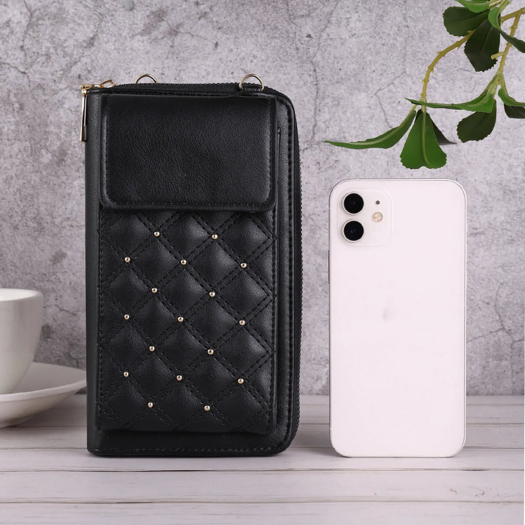 Fashion all-match mobile phone bag in black with rhombus light luxury pattern and clamshell opening