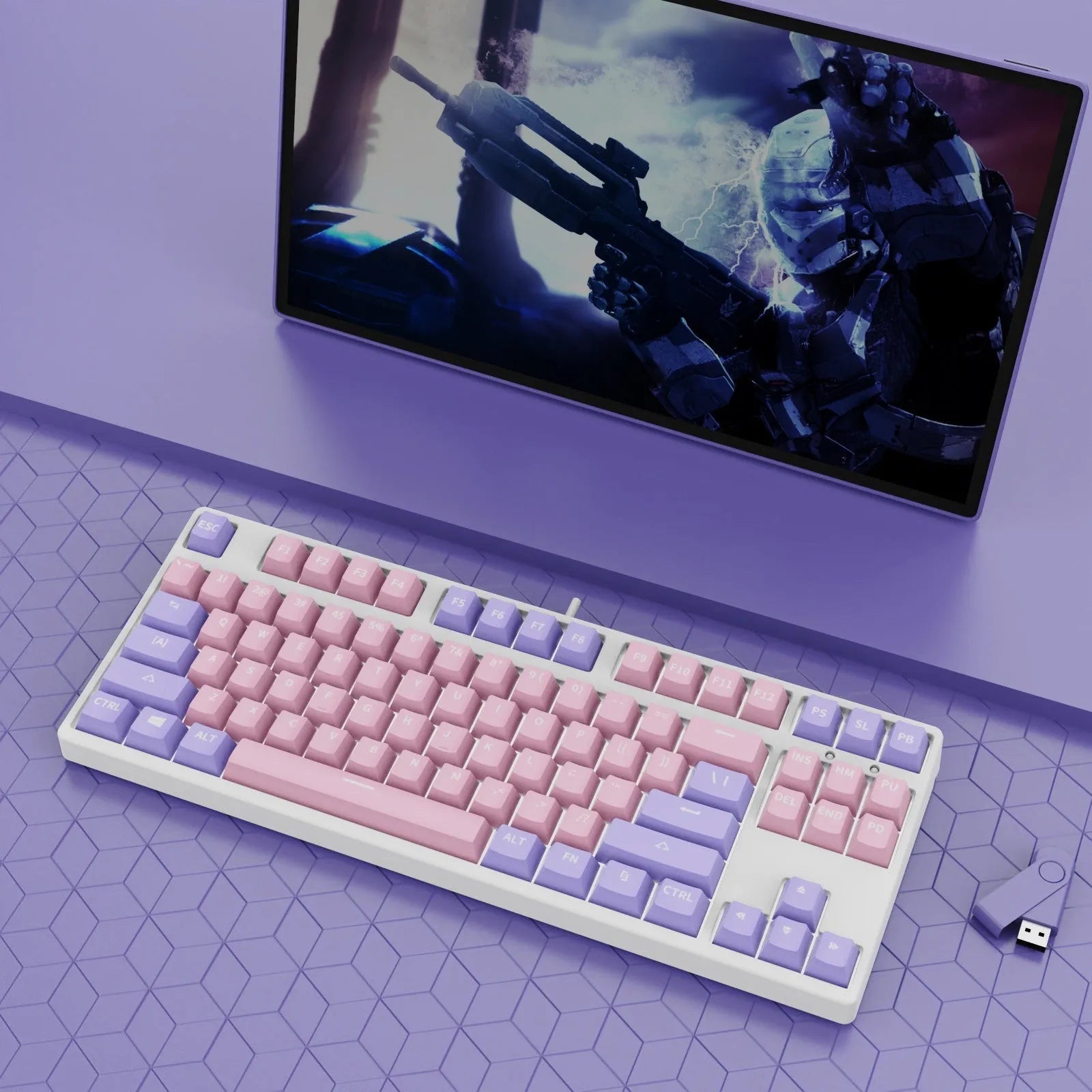 87-key wired mechanical gaming keyboard with hot-swappable switches shown in a two-tone colour scheme on a metal chassis.