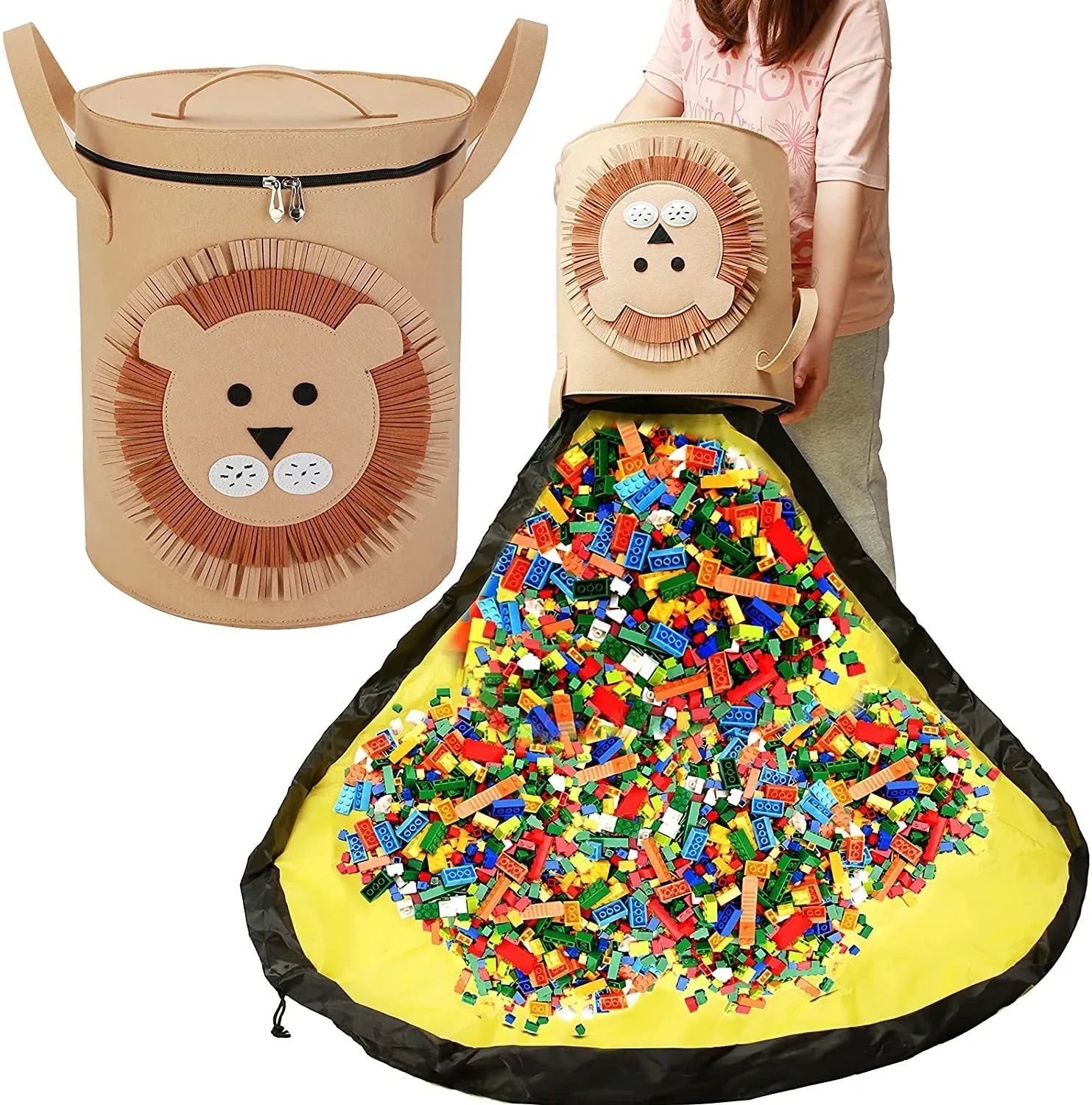 Green felt cube storage bag open as play mat with pull rope closure for toy organisation