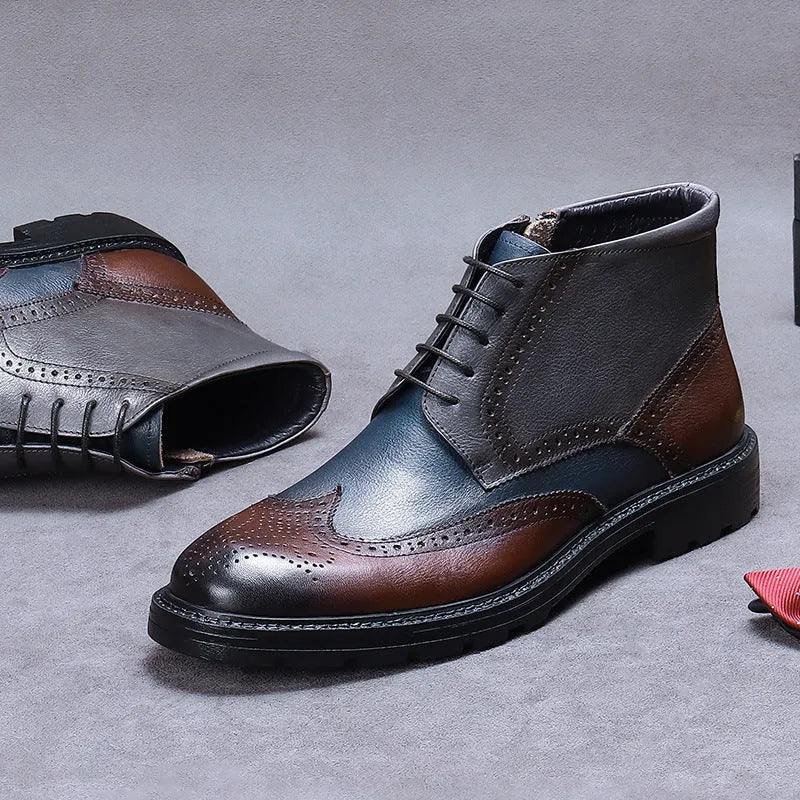 Men's coffee blue leather brogue ankle boots with vintage colour-blocking and decorative stitching.