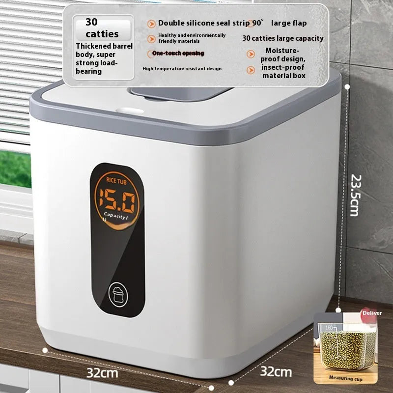 Grey plastic sealed rice storage jar with measuring cup in 10kg, 20kg, or 30kg capacity.