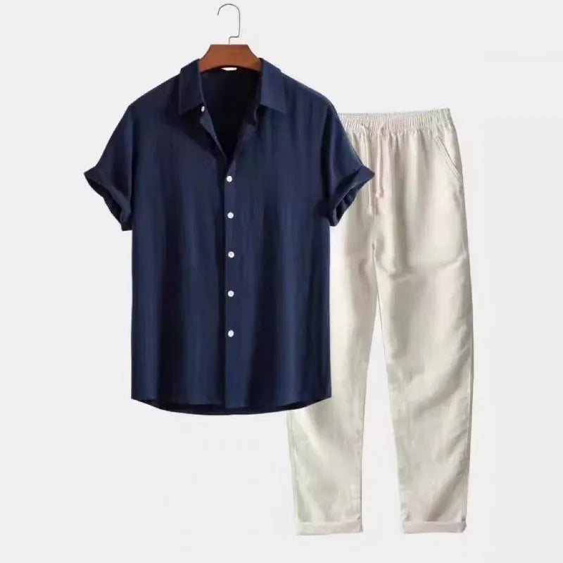 Men's casual linen-style shirt and trousers suit in multiple colour options with loose short sleeve design