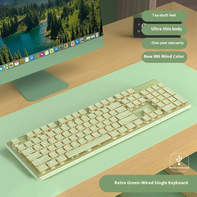Prewalker V3 wired and wireless keyboard and mouse set in retro green colour on a desk