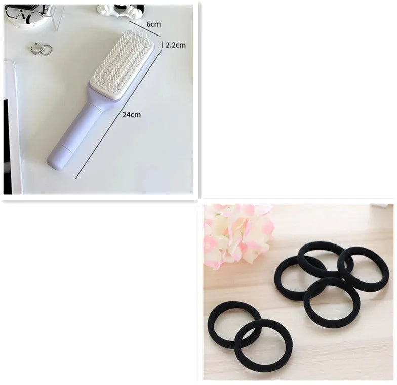Self-cleaning hair brush with rotating handle, anti-static teeth and scalp massage points in purple and grey colours