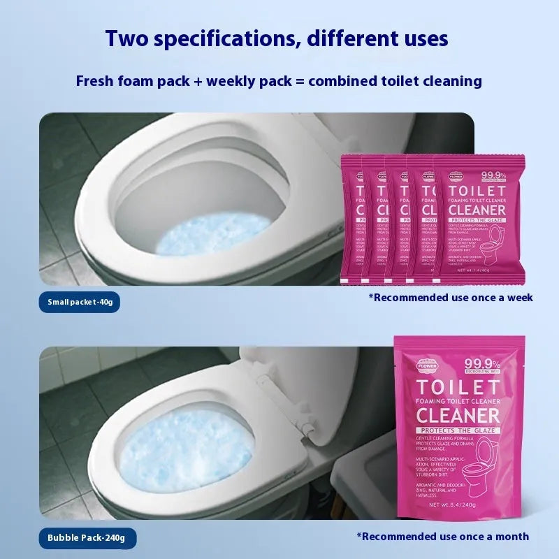 Toilet bubble powder for descaling in blue ocean or pink floral fragrance, 240g bag or box of 5 sachets