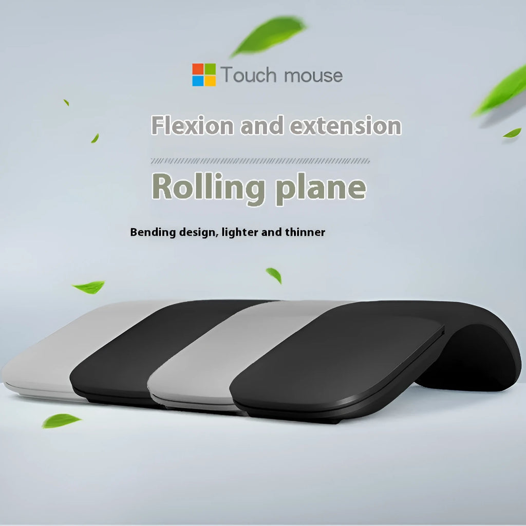 Folding Bluetooth touch wireless mouse shown open and closed with black, white, blue, green colour options