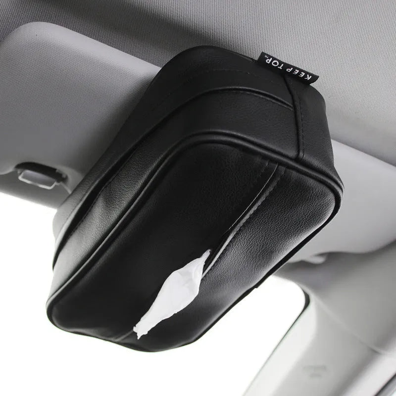 Black PU leather car hanging storage organiser bag shown with documents inside