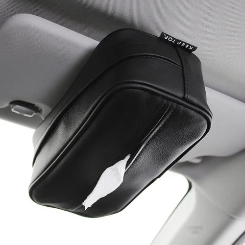 Black PU leather car hanging storage organiser bag shown with documents inside