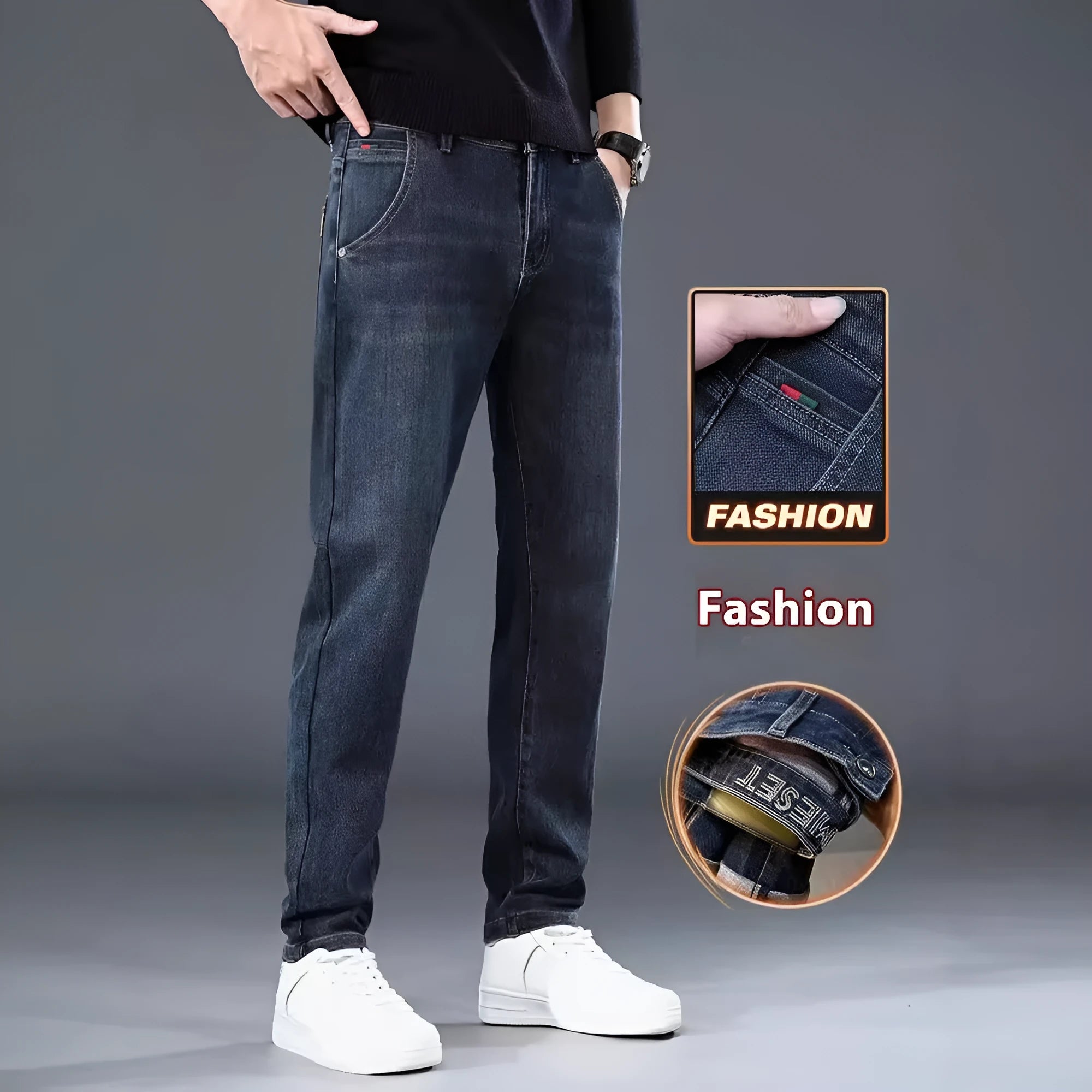 Blue grey and black slim straight loose casual thin trousers on a hanger, showing mid waist and zipper fly.