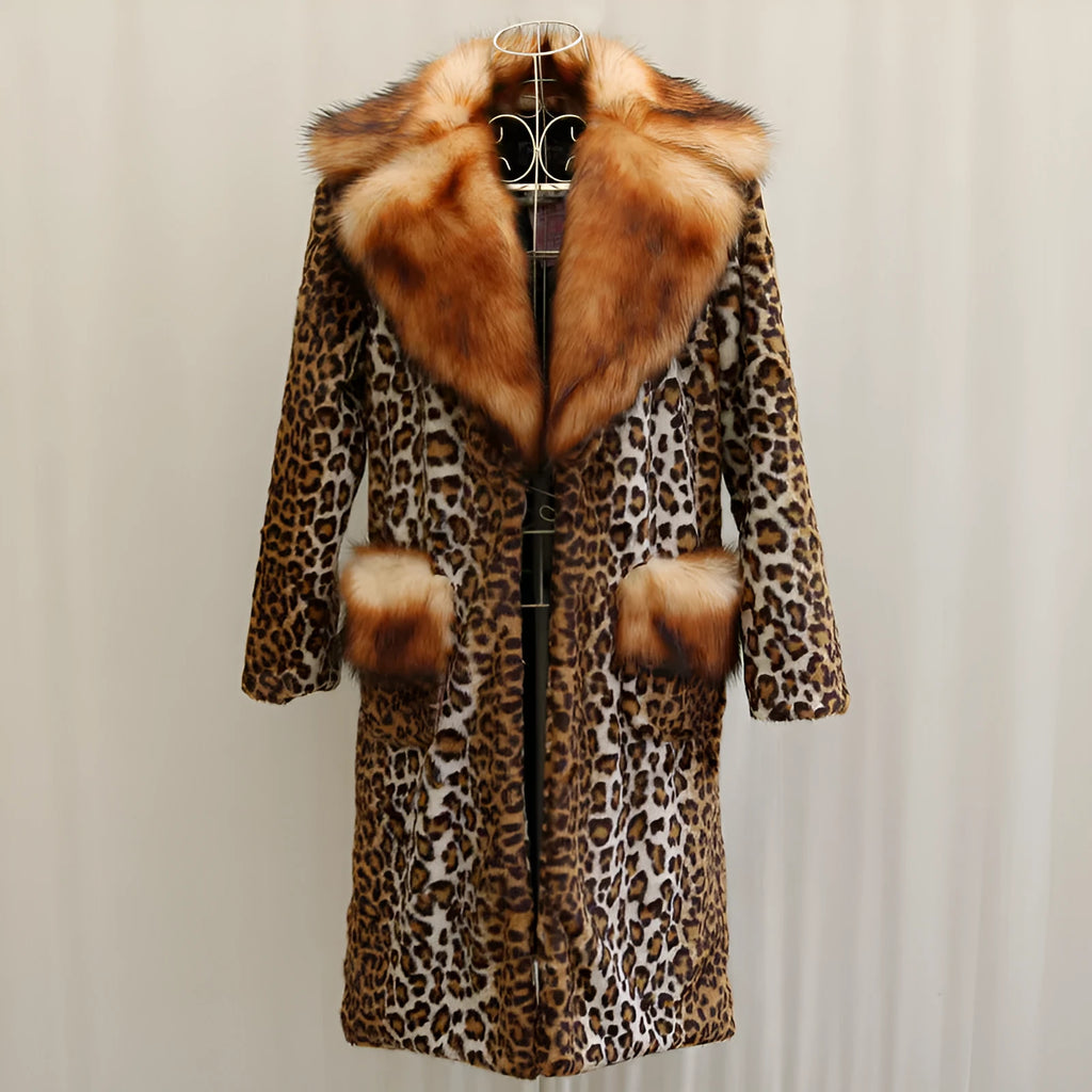 Women's long leopard print artificial fur jacket with regular sleeves on mannequin