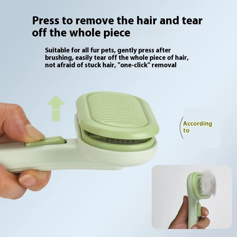 Large light grey pet grooming comb for cats and dogs showing one-click hair removal button.