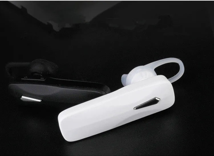 Black and white M163 Bluetooth car headset for hands-free calling and music control.