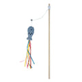 Cat wand toy with wooden handle showing colourful ribbons, catnip fish and bell attachments for interactive feline play
