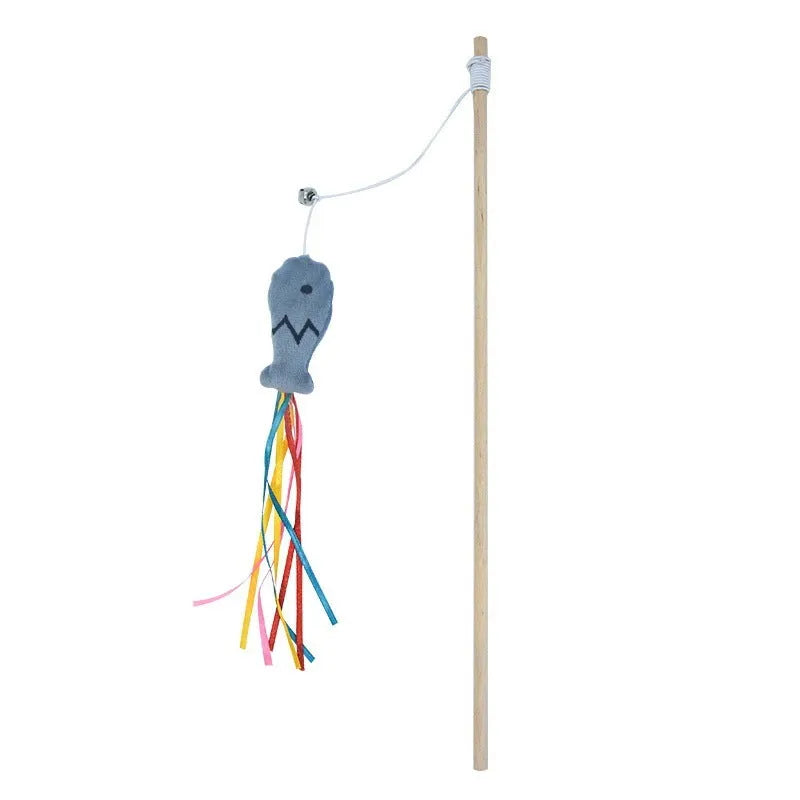 Cat wand toy with wooden handle showing colourful ribbons, catnip fish and bell attachments for interactive feline play