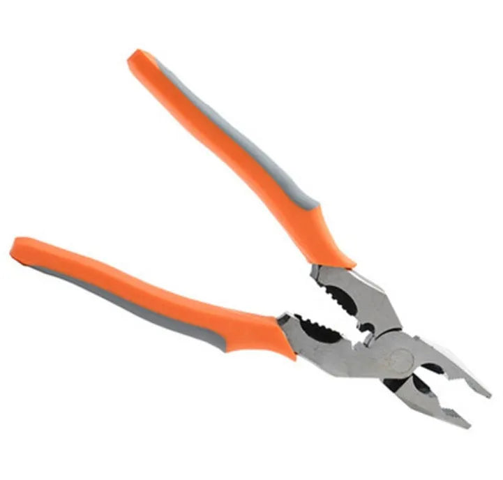 Orange-handled multi-function wire cutter pliers with alloy steel jaws for cutting and stripping wire.