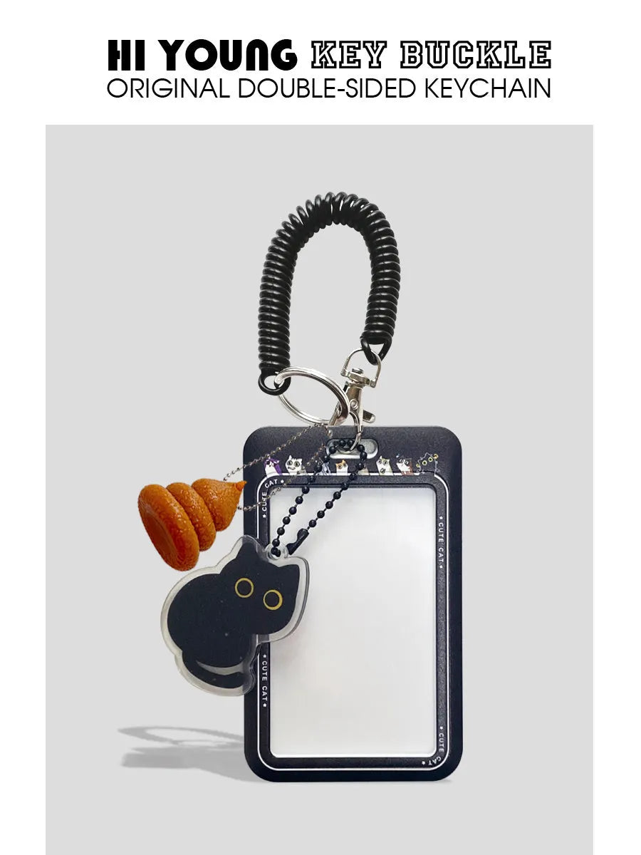 Cute little black cat cartoon design plastic card holder with metal pendant attachment.