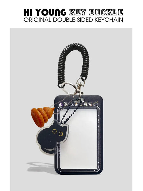 Cute little black cat cartoon design plastic card holder with metal pendant attachment.