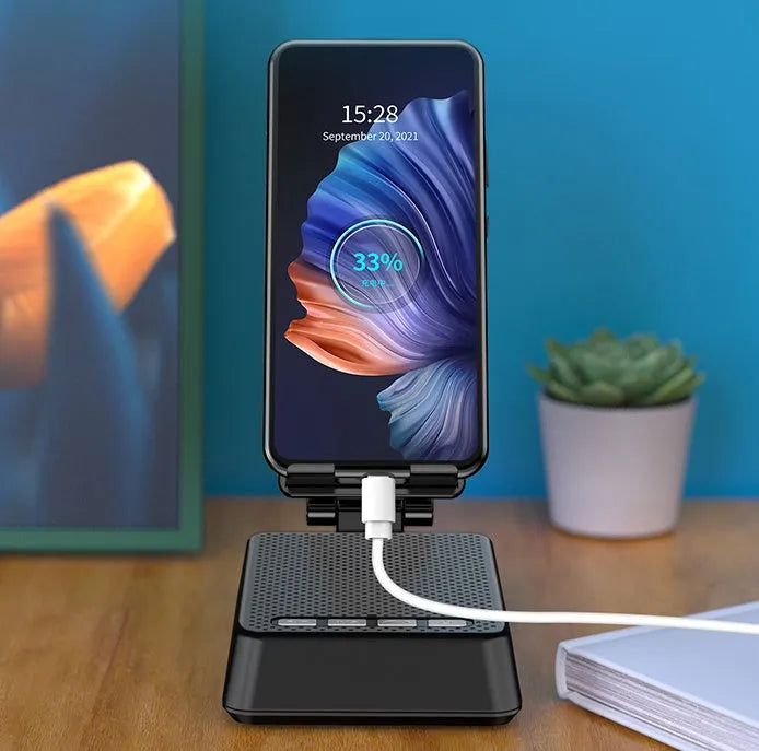 Black mobile phone stand with Bluetooth speaker and microphone for desk use