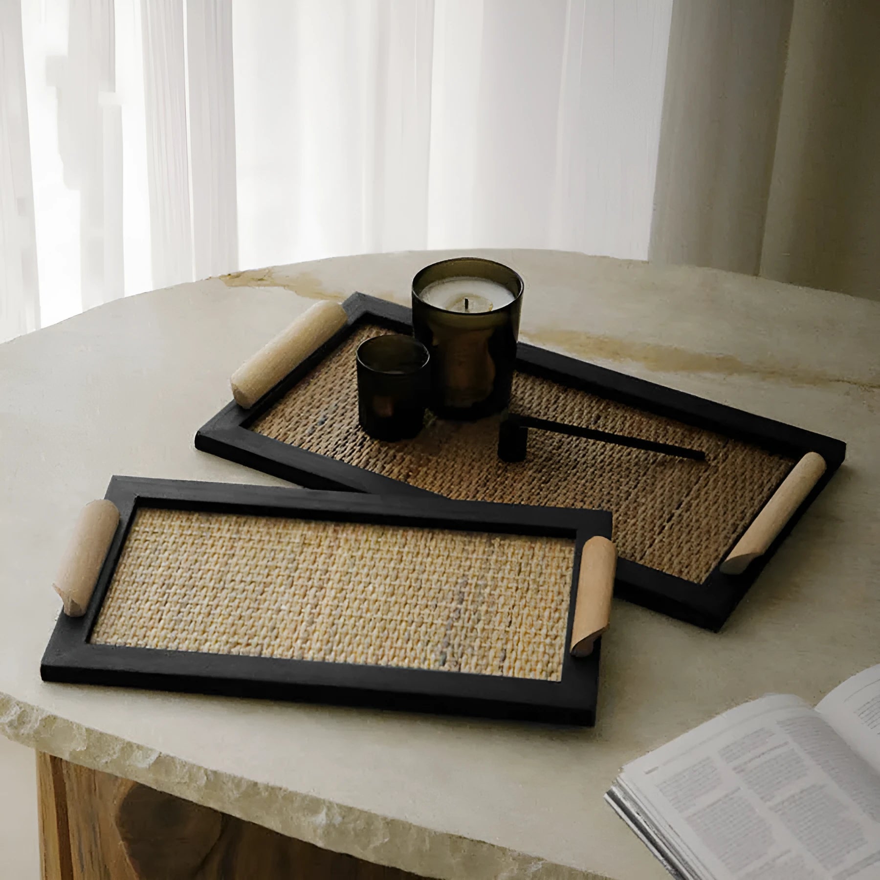 Pine wood dining tray with internal compartments for organisation.