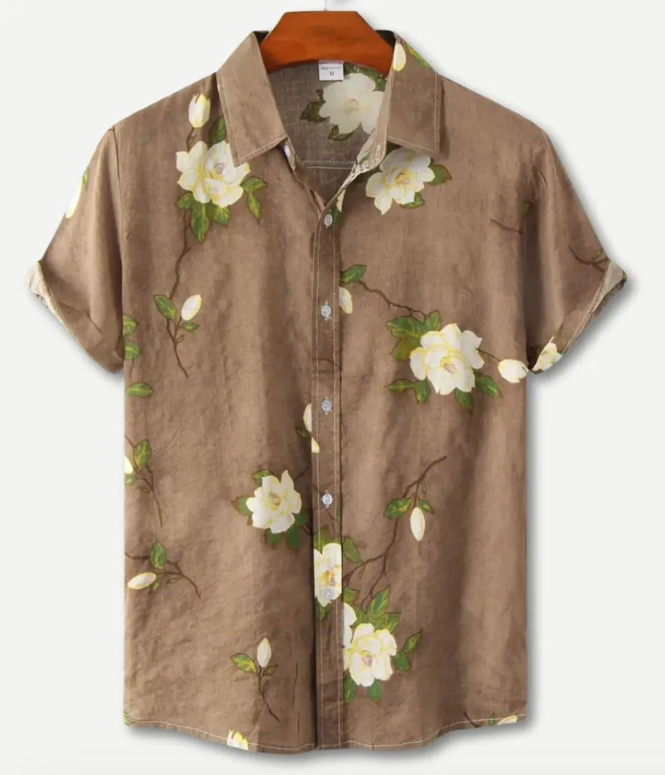 Hawaiian print short sleeve shirt with lapel collar and floral pattern in multiple colour options