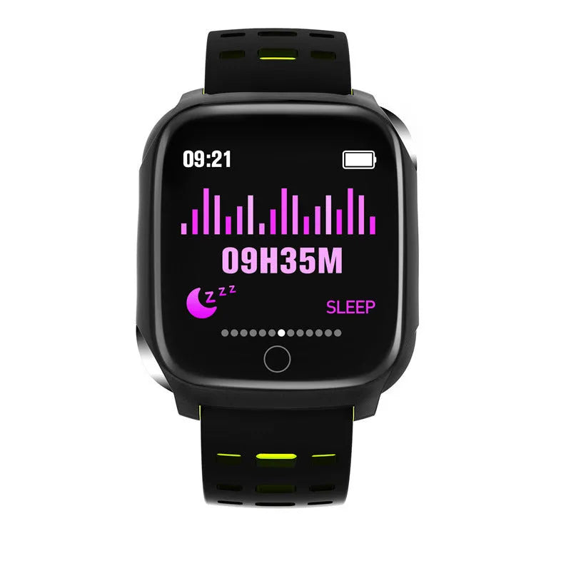 F16 smart watch with ECG, blood pressure, and heart rate monitoring on a silicone wristband.
