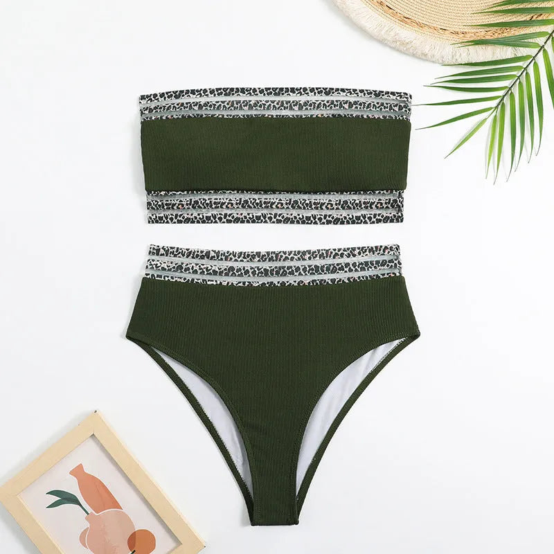 Black strapless bikini set with leopard pattern splicing detailing, showing bra and shorts pieces