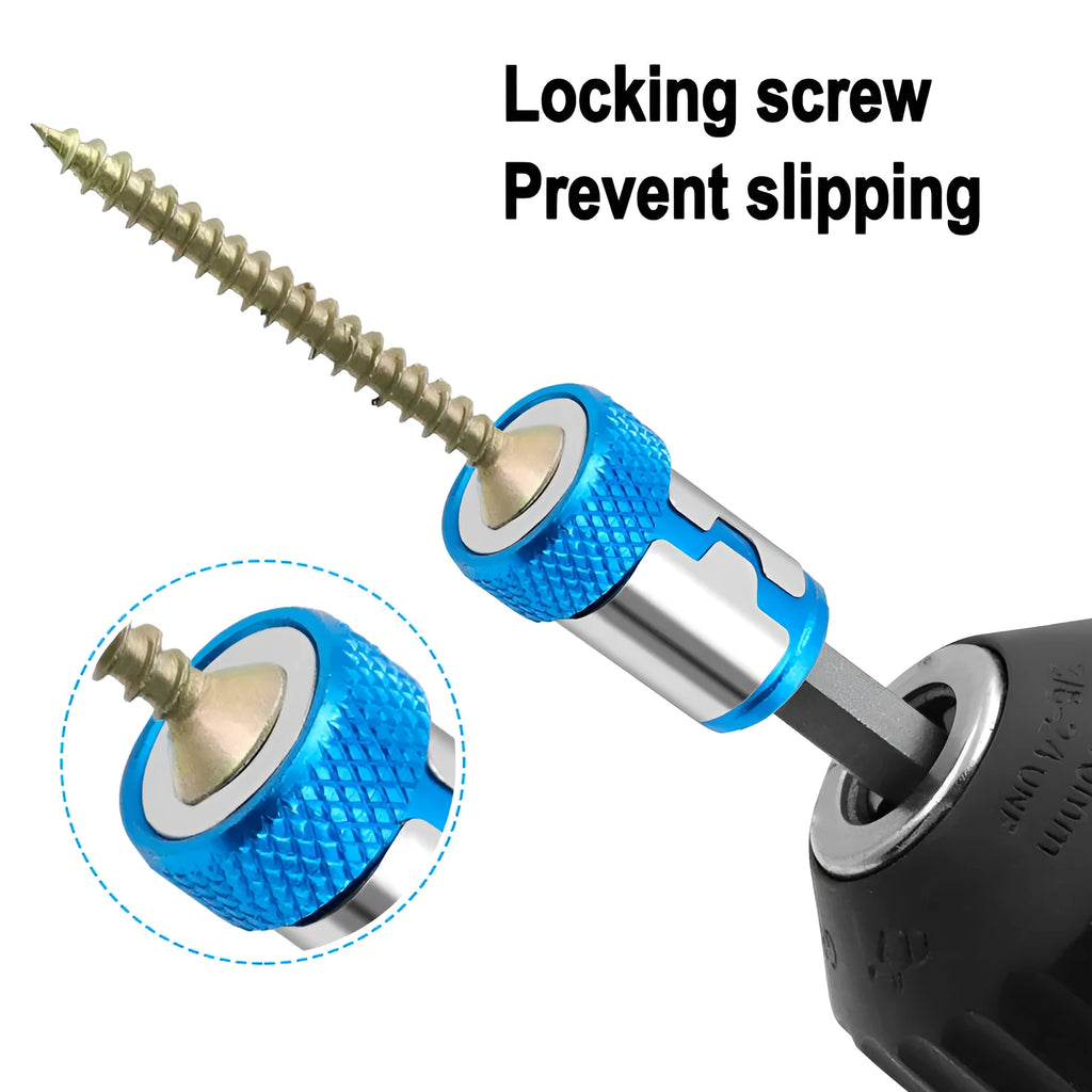 Light blue screwdriver bit with magnetic ring, slotted head type, high carbon steel construction