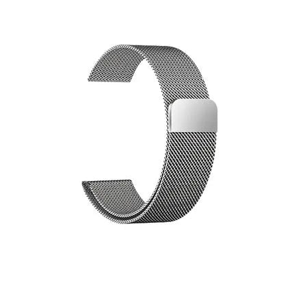Stainless steel watch replacement strap in silver, shown next to black, gold, and rose gold options.