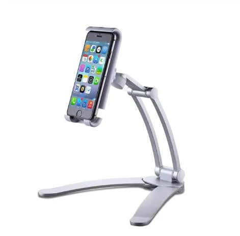 Silver aluminium alloy tablet stand with white mount and adjustable clip on a desktop