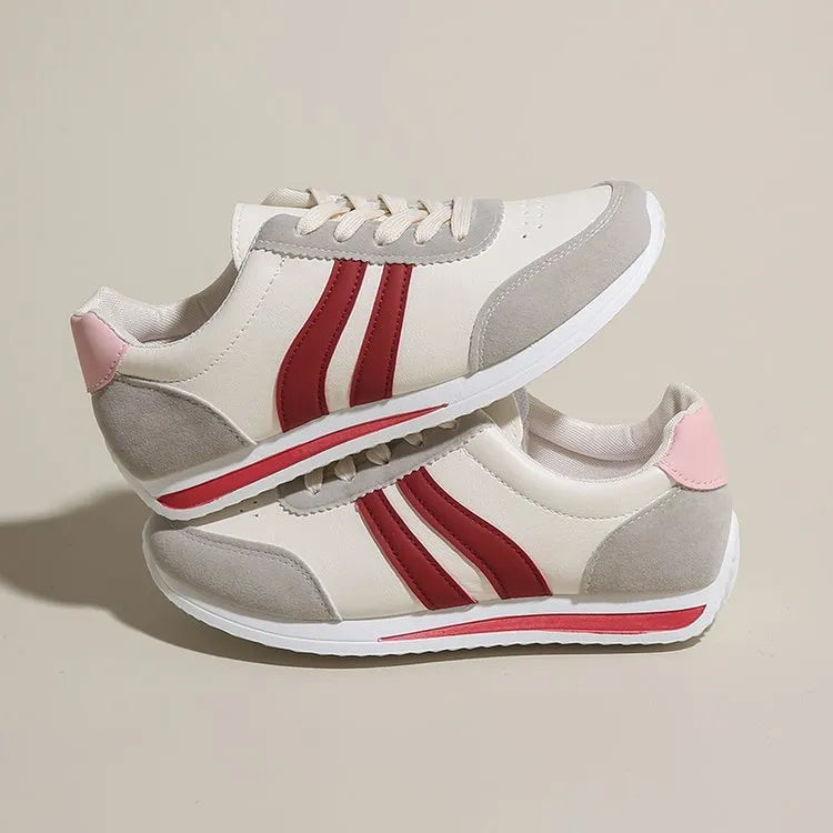 Red lace-up casual sneaker with soft rubber sole and pu mesh upper