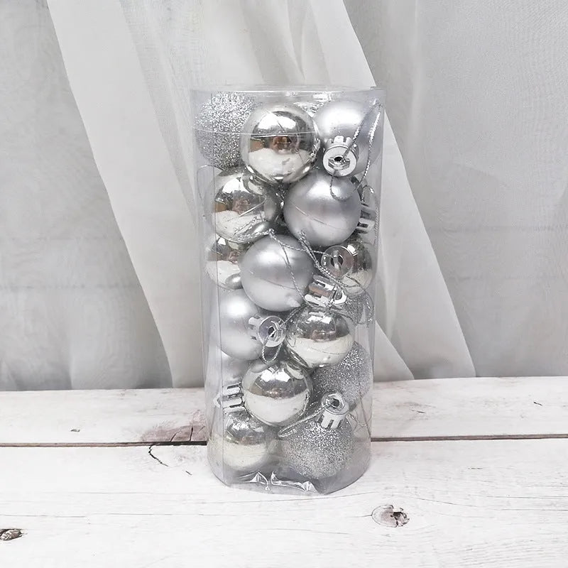 Assortment of shiny matte finish 3cm Christmas ball ornaments in gold, red, silver, and blue colours.