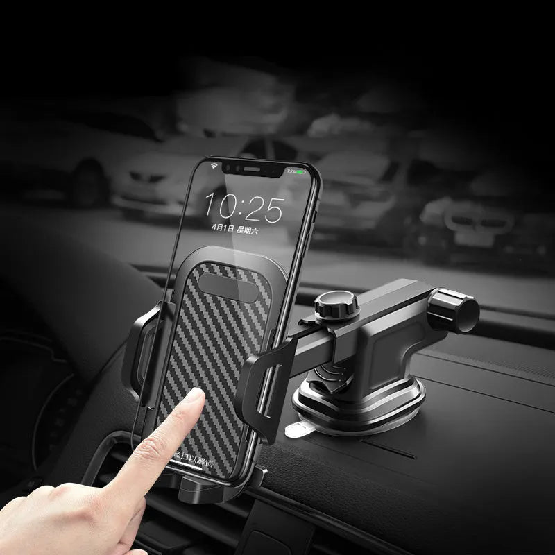 Black adjustable car phone holder for smartphones between 4 and 7 inches on a car dashboard