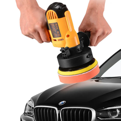 Yellow automobile polishing machine with 125mm disc for automotive metal, wood, tile and leather surfaces