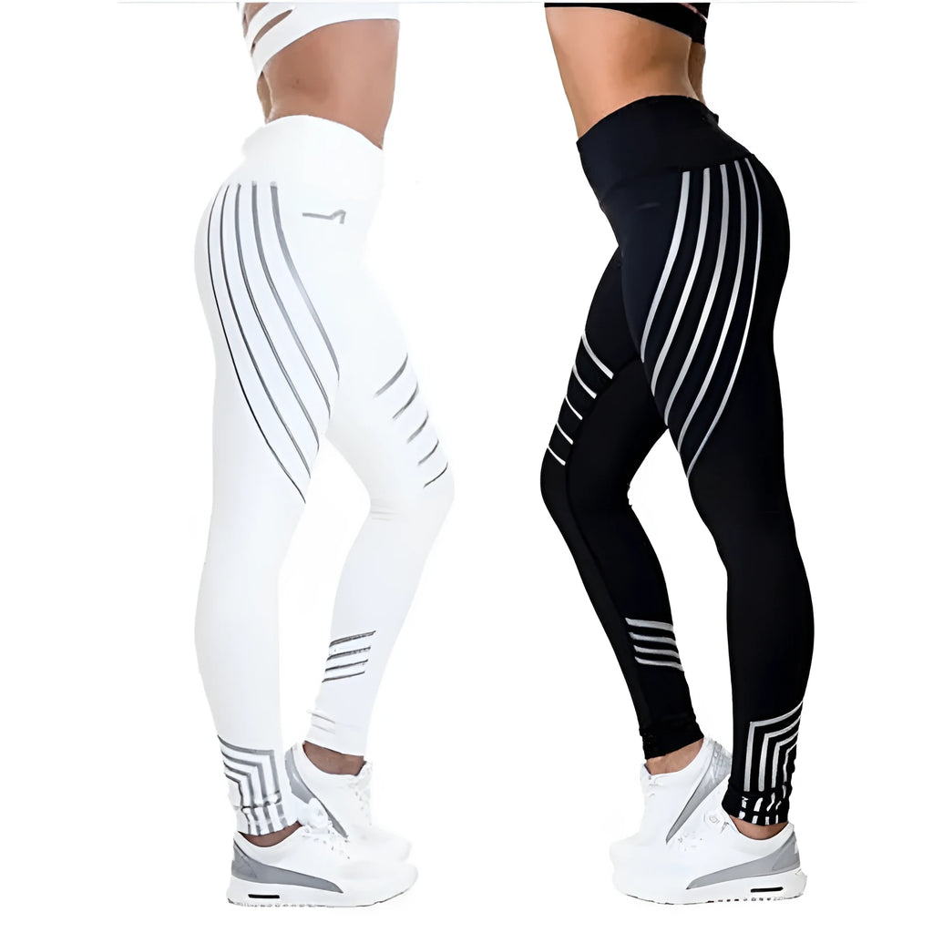 Women's black fitness leggings with glowing night print pattern, slim fit pencil pants style